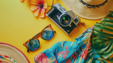 Close-up flat lay of vibrant summer essentialsの素材