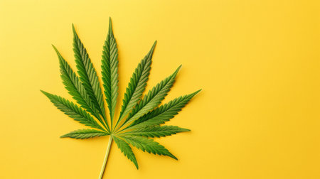 CBD oil leaf of cannabis against a yellow backgroundの素材
