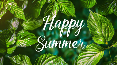 Green leaf background with text "Happy Summer."の素材