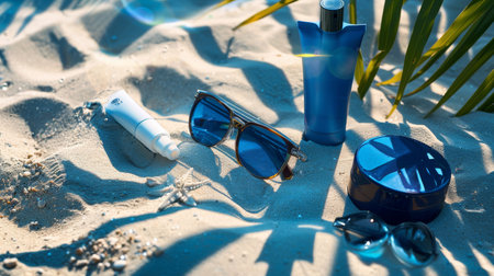Beachside Display of Sun Care Products and Stylish Sunglassesの素材