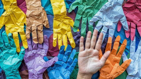 Collage of colorful paper hands symbolizing diversity and inclusionの素材