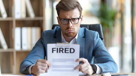An upset businessman presenting a form indicating termination with the word "FIRED."の素材