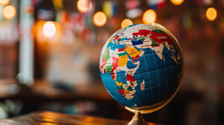 An international globe featuring flags from around the world, symbolizing cooperation on a global scale.の素材