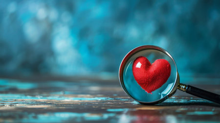 Magnifying glass closely examining a red heart symbol, blue backdropの素材