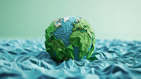 Planet Earth crafted from green and blue laundry.の素材