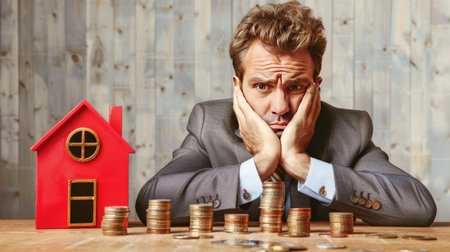 A distressed businessman displaying a house and coins.の素材