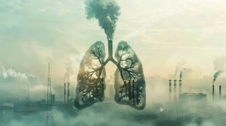 Smoke-formed lungs with factory chimneys blurred in the backdropの素材
