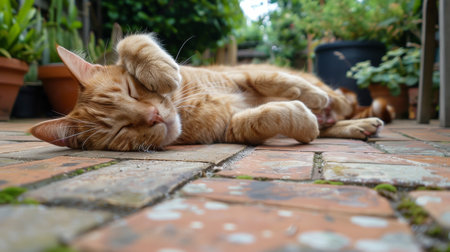 Ginger Cat Relaxing on Garden Tilesの素材