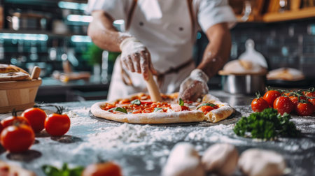 Close-Up of Chef Making Pizza in Pizzeriaの素材