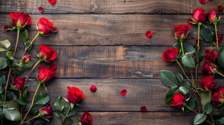 Red Roses Set Against Wooden Backgroundの素材