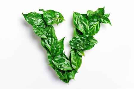 A close-up photograph of a letter V formed by lush green leaves arranged in a symmetrical pattern against a stark white background. The image emphasizes the natural beauty of foliage and its potential for artistic expression.の素材