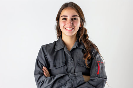 A young woman with long brown hair wearing a grey work uniform stands confidently in front of a white background. She has her arms crossed and is smiling directly at the camera. Her confident posture and bright smile suggest she is ready to take on any challenge.の素材