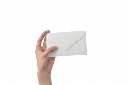 A close-up shot of a hand holding a blank white envelope against a clean, white background. The envelope is positioned horizontally, with the hands fingers gently grasping the bottom edge. The image is simple and elegant, emphasizing the empty space of the envelope, ready to receive a message or a secret.の素材