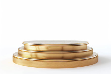 A three-tiered, circular golden platform isolated on a white background. The platform is perfect for showcasing products or displaying awards.の素材