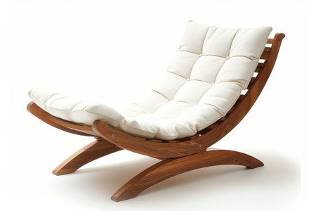 A wooden chair with a curved back and a comfortable white cushion. The chair is designed for relaxation and is perfect for a living room, bedroom, or outdoor patio. The wood is a natural color, and the cushion is soft and inviting.の素材