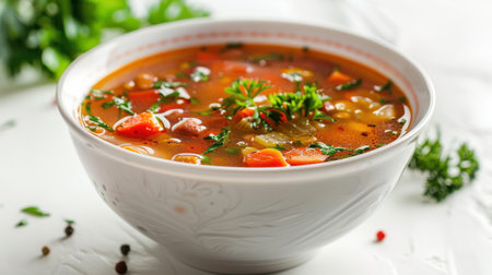 A close-up shot of a white bowl filled with a steaming bowl of vegetable soup. The soup is a vibrant orange color and contains a variety of vegetables, including carrots, beans, and herbs. The soup is garnished with fresh parsley.の素材