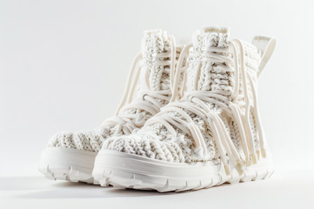 A pair of white knitted high-top sneakers with fringe detail on the laces. The sneakers are made of a soft, comfortable material and have a chunky platform sole. The fringe adds a touch of style and personality to the shoes.の素材
