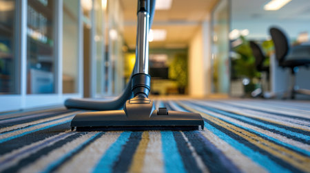 Office Cleaning: Vacuum Cleaner on Striped Carpetの素材