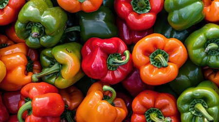 Colorful Capsicums: Pile of Red, Orange, and Green Peppersの素材