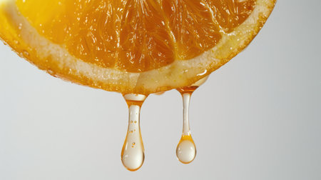 A close-up photograph captures a vibrant orange slice, its glistening surface reflecting the light. Three droplets of citrusy juice hang suspended in the air, about to fall.の素材