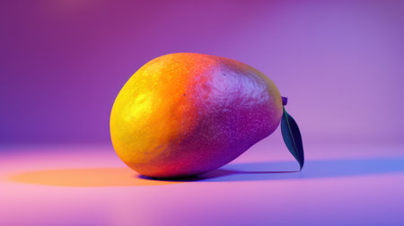 A ripe mango with a green leaf sits on a purple surface, bathed in a colorful, neon glow. The mango casts a soft, orange shadow on the surface.の素材
