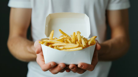 A man's hands carefully hold a white box filled with a mountain of golden, crispy French fries. The fries appear freshly made and steaming, with the light reflecting off their surface. The man's white t-shirt and the dark background create a stark contrast, making the fries the focal point of the image.の素材