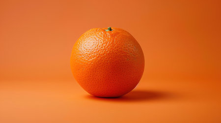 A perfectly ripe orange sits in the center of a vibrant orange background, casting a subtle shadow below. The orange's skin displays a textured pattern, highlighted by the warm glow of the backdrop.の素材