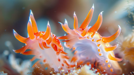Two colorful nudibranchs with striking orange and white patterns gracefully glide across a vibrant coral reef, their delicate bodies shimmering in the clear, tropical water.の素材
