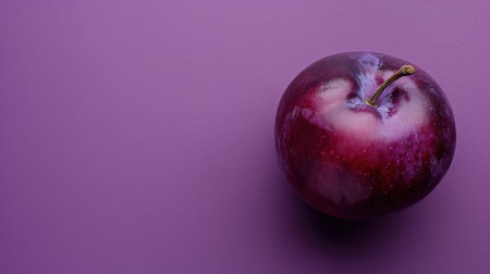 A single, ripe plum sits on a vibrant purple background, bathed in soft, natural light. The plum's deep purple hue contrasts beautifully with the background, showcasing its smooth skin and delicate stem. The image captures a moment of stillness, highlighting the simple beauty of a common fruit.の素材