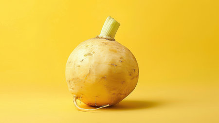 A single, golden turnip rests on a bright yellow surface. The turnip's skin has a slightly rough texture, and it is tilted slightly to the side. The yellow background emphasizes the turnip's golden hue, creating a visually appealing contrast.の素材