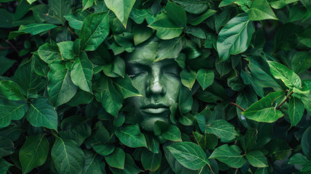 Head Covered with Green Leaves Representing Eco-Consciousnessの素材