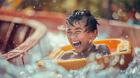 Boy Enjoying Water Ride on a Hot Summer Dayの素材