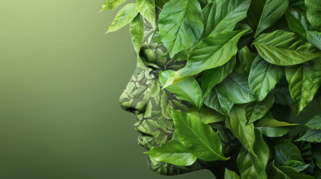 Head Covered with Green Leaves Representing Eco-Consciousnessの素材