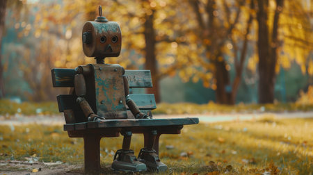 Solitary Sentinel: Robot Contemplating in the Parkの素材