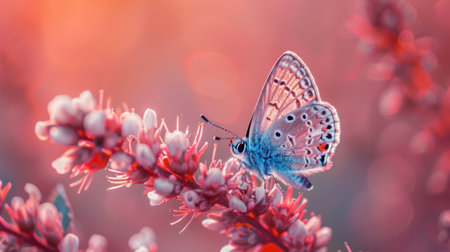 Macro photograph capturing a butterfly perched on a flower with a blurred backdropの素材