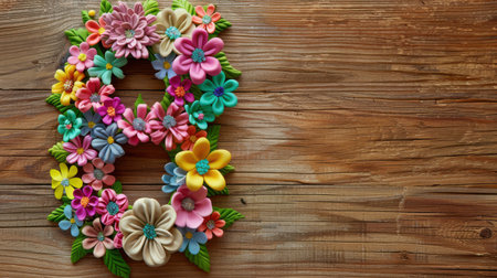 The number 8 adorned with plasticine flowers against a wooden background.の素材
