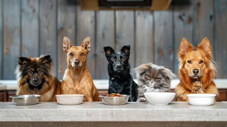 Pets in the kitchen beside empty bowls, pleading for foodの素材