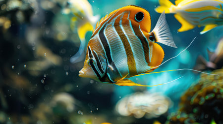An image of vibrant exotic fish gliding through an aquarium environment.の素材