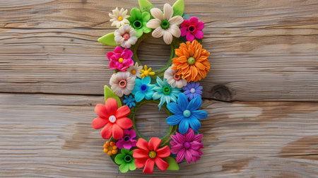 The number 8 adorned with plasticine flowers against a wooden background.の素材