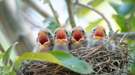 Bird nest filled with hungry baby birds begging for foodの素材