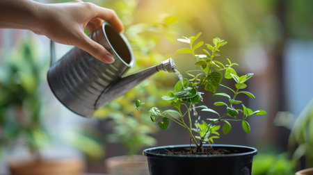 Nurturing Nature: Watering a Green Plant Indoorsの素材