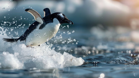 Winter Wonderland Penguin Jumping in Antarctic Iceの素材