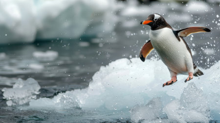 Winter Wonderland Penguin Jumping in Antarctic Iceの素材