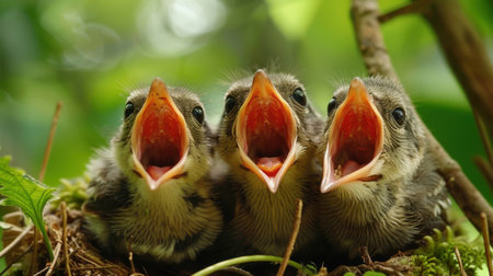 Nest of baby birds with mouths open, seeking nourishmentの素材