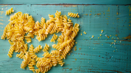 Pasta shaped like a heart on bright woodの素材