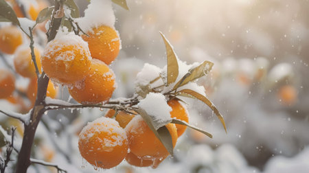 Oranges on a branch are contrasted against a snowy backdrop.の素材