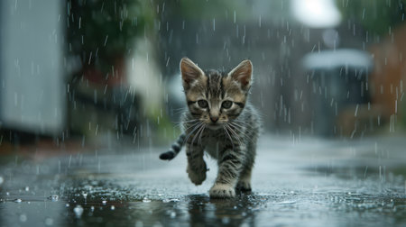 Small Cat Walking in Rain on City Streetの素材