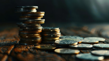 Metal coins are stacked on a wooden tabletop, set against a dark backdrop.の素材