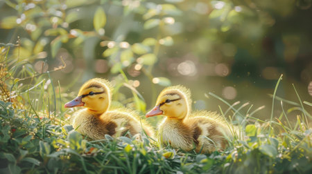 Duckling shining in the sunlight, resting on lush green grass.の素材