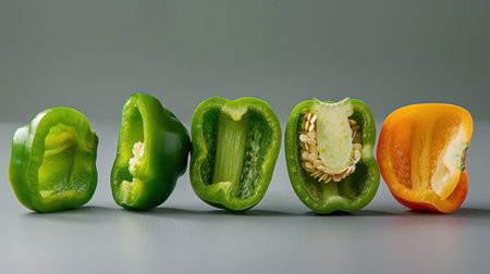 Green bell pepper slices arranged in varying heights.の素材